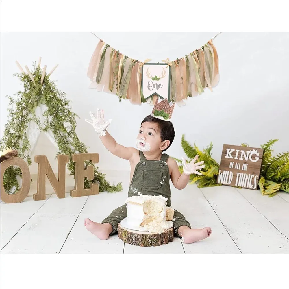 Woodland First Birthday Decorations ONE high chair banner and gold sparkly crown